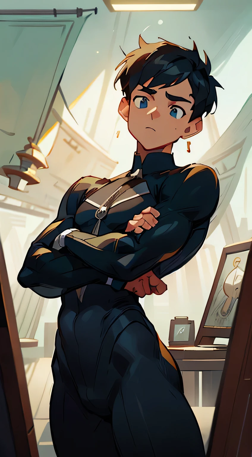 Black pantsuit, Black T-shirt with, melancholy lighting, A tranquil, peacful, luminance, tmasterpiece, best qualityer, (Ultra photo realsisim:1.3), (tmasterpiece:1.4), best qualtiy, ((realisticlying)), high high quality, ultra - detailed, ((Authentic images)), ((Realistic skin)), ((photorealiscic face)), (illustratio:1.05), (Handsome:1.05), (beatiful detailed eyes:1.05), (cinematric light:1.1), Blue in the detachment, perfect whole body,Black and blue clothes,White sneakers,(Handsome male),(perfect male figure), short detailed hair,Detailed face, Perfect face, (The stands up), Detailed background, ((Bonifasko lighting)), (Detailed eyes), perfect pupils,a dark tanned skin