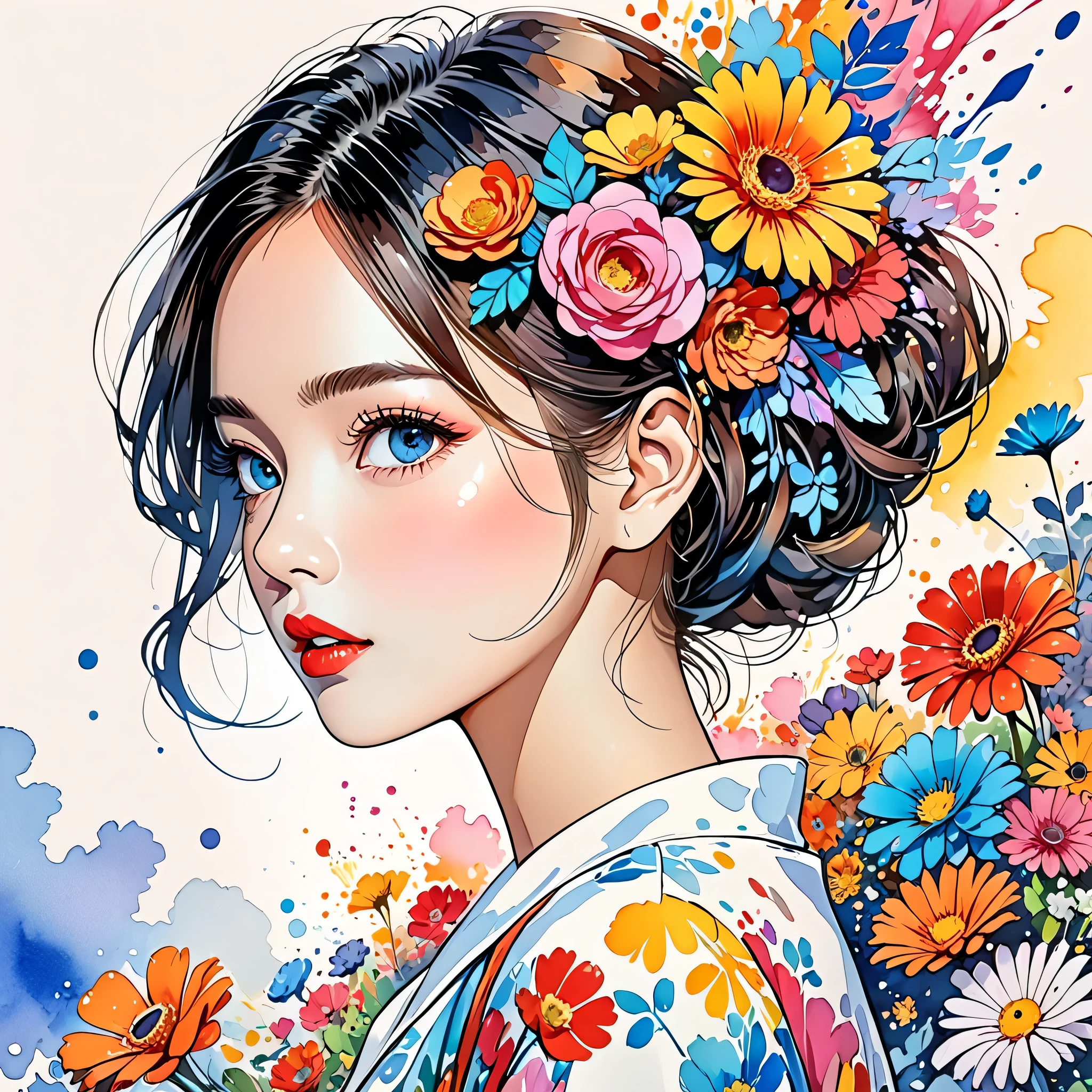 Hayao Miyazaki Style、(((stylish fashion))), 8K Quality、Intense watercolor, Detailed watercolor art, Watercolor splash, Surreal, avant-garde pop art, Beautiful and expressive paintings, Beautiful artwork illustration, Very colorful tones, wonderful, Cool beauty, highest quality、Official Art, Vector art, Stylish design, (((The most beautiful girl))), (((highest quality))), HDR, ((detailed)), (((Doodle Art)), ((masterpiece)), ((Super detailed)), (((Colorful flowers))),(((Stylish)))