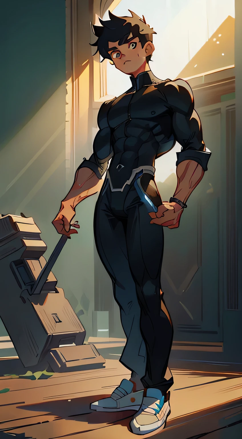 Black pantsuit, Black T-shirt with, melancholy lighting, A tranquil, peacful, luminance, tmasterpiece, best qualityer, (Ultra photo realsisim:1.3), (tmasterpiece:1.4), best qualtiy, ((realisticlying)), high high quality, ultra - detailed, ((Authentic images)), ((Realistic skin)), ((photorealiscic face)), (illustratio:1.05), (Handsome:1.05), (beatiful detailed eyes:1.05), (cinematric light:1.1), Blue in the detachment, perfect whole body,Black and blue clothes,White sneakers,(Handsome male),(perfect male figure), short detailed hair,Detailed face, Perfect face, (The stands up), Detailed background, ((Bonifasko lighting)), (Detailed eyes), perfect pupils,a dark tanned skin