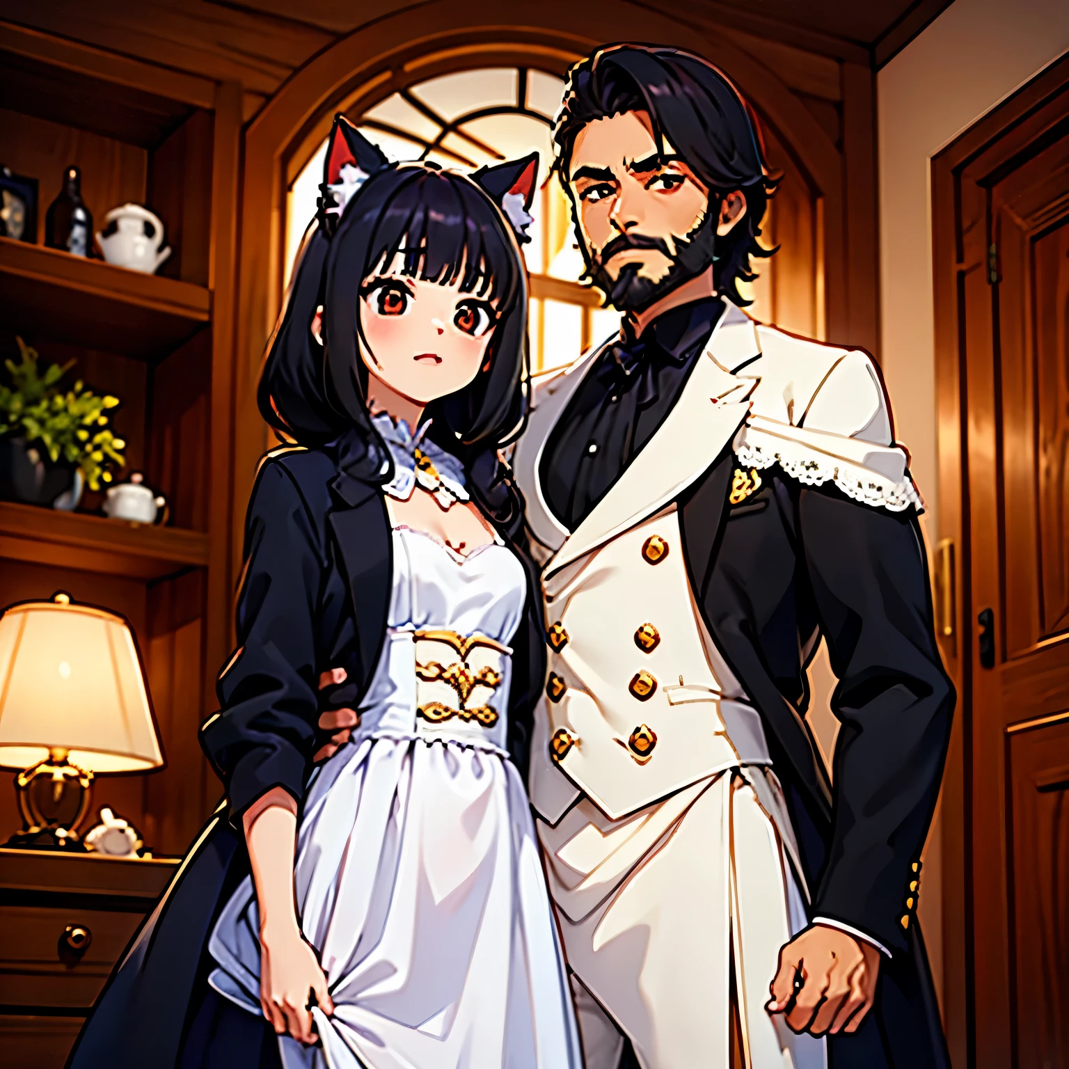 Un hombre alto con el cabello largo y con barba con traje negro sosteniendo la mano de su esposa con orejas de gato y ropa elegante, fuera de una casa.
