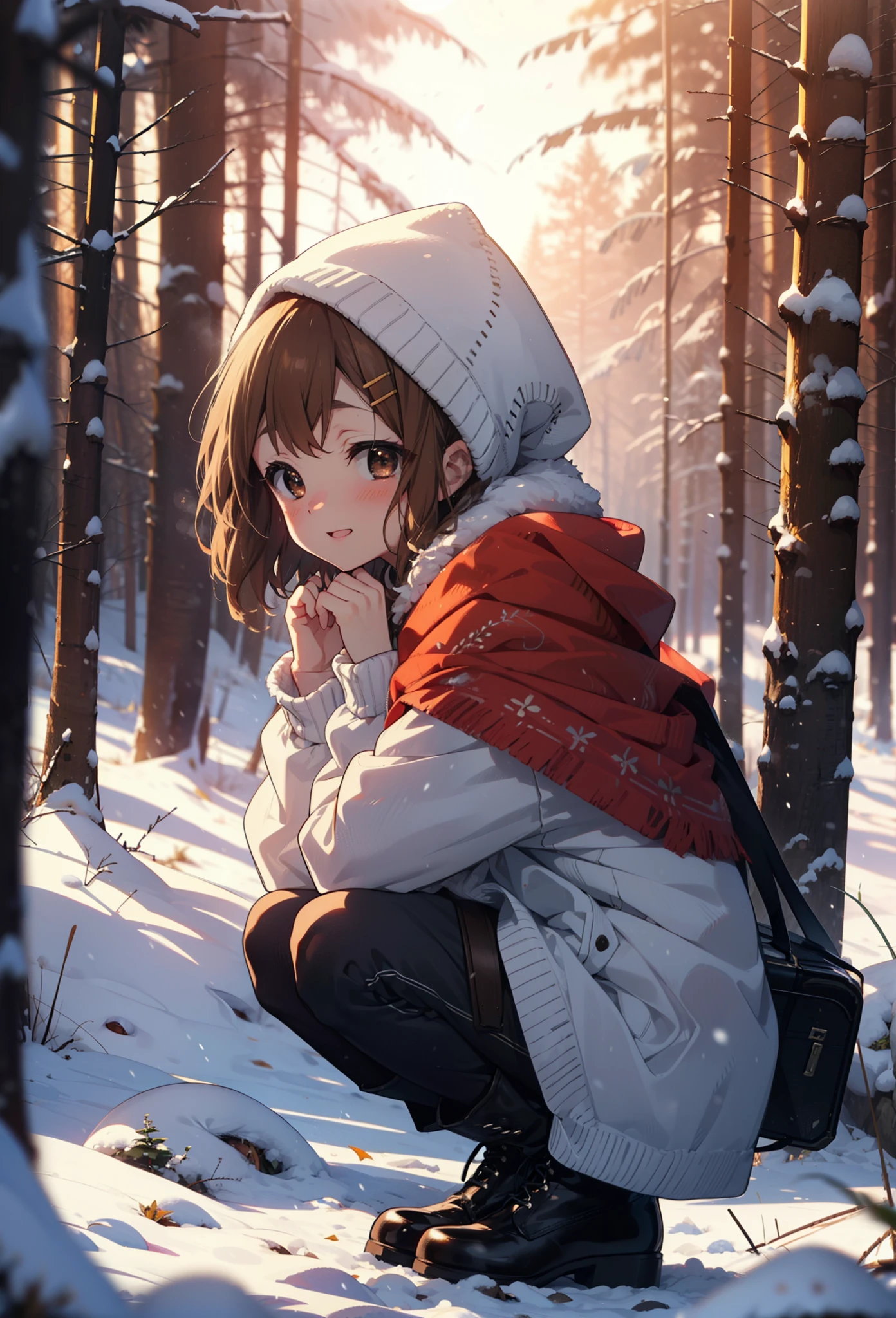 yuihirasawa, Yui Hirasawa, short hair, Brown Hair, hair ornaments, (Brown eyes:1.5), Hair Clip、smile,smile,blush,White Breath,
Open your mouth,snow,Ground bonfire,, Outdoor, boots, snowing, From the side, wood, suitcase, Cape, Blurred, , forest, White handbag, nature,  Squat, Mouth closed, Cape, winter, Written boundary depth, Black shoes, red Cape break looking at viewer, Upper Body, whole body, break Outdoor, forest, nature, break (masterpiece:1.2), highest quality, High resolution, unity 8k wallpaper, (shape:0.8), (Beautiful and beautiful eyes:1.6), Highly detailed face, Perfect lighting, Highly detailed CG, (Perfect hands, Perfect Anatomy),