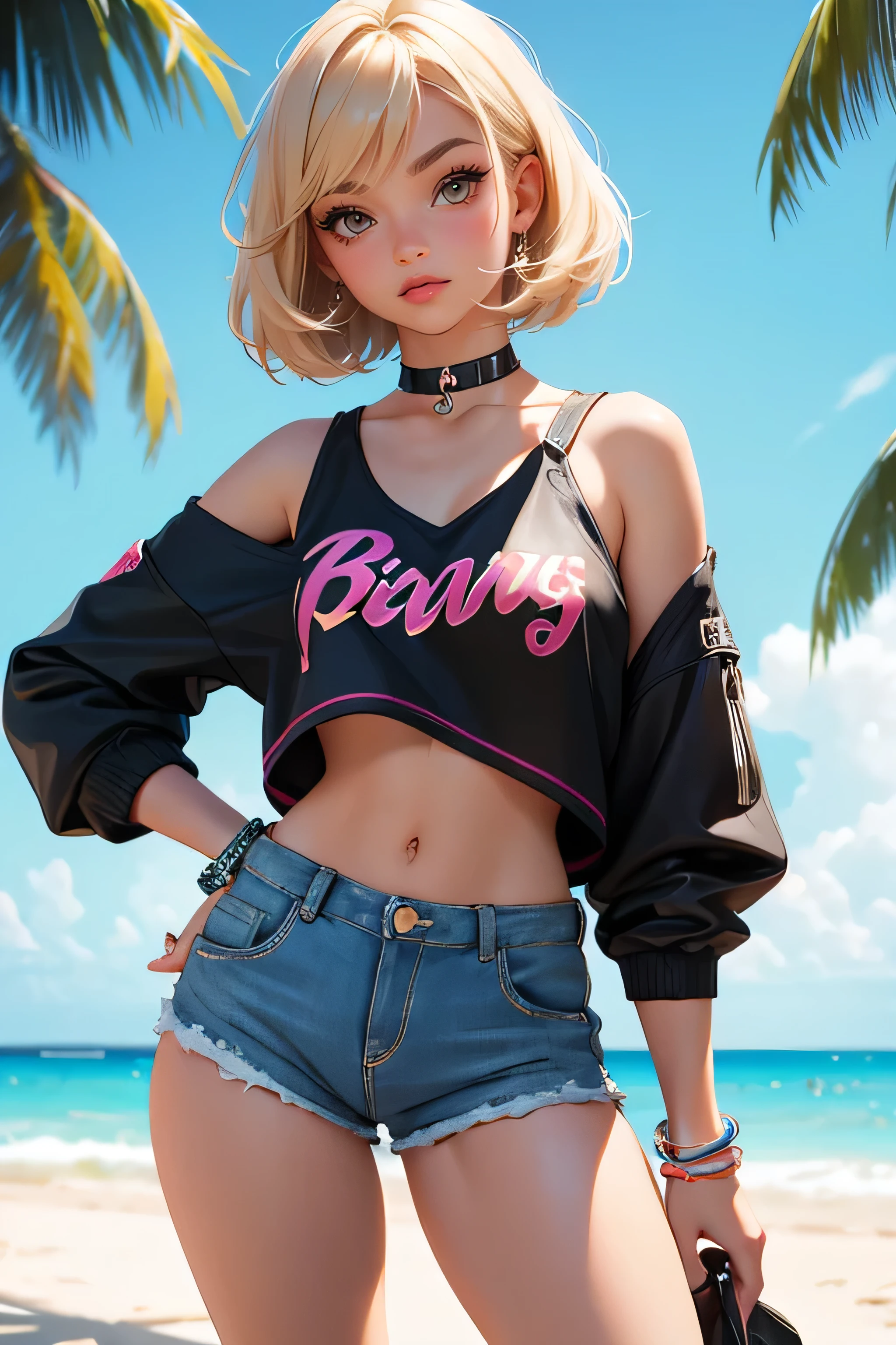 Teenage girl-model 18 years old, beautiful, blonde, bob hair, bangs, brown eyes, beautiful figure, girl wearing crop shirt and too short mini shorts, beautiful long legs, slave bracelets, slave choker, manicure, cute makeup, flirtatiously posing, hot summer, hot flirty, sexy posing, summer outfit, top quality, higest quality, pin-up style, retro 80s style, Daisy Dukes style, slave girl, Miami vibes,