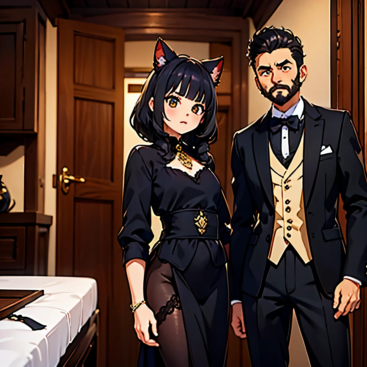 Un hombre alto con el cabello largo y con barba con traje negro sosteniendo la mano de su esposa con orejas de gato y ropa elegante, fuera de una casa.
