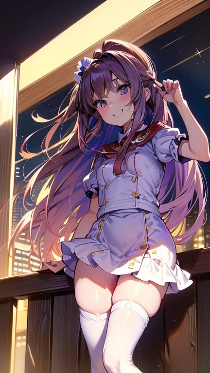 ((masterpiece)), (((HDR))), ((best quality)), (ultra high quality), (hi-res), ((1 anime girl)), cute woman, (((light purple eyes))), beautiful eyes, detailed eyes, ((adult)), (((colored inner hair))), (((hair color dark red))), (bangs), tied hair, ((ponytail)), ((long straight hair)), (((small breast))), perfect body, perfect anatomy, long legs, (((zettai ryouiki))), thigh gap, (((thigh high socks))), (thin waist), (((thigh gap))), thigh space, knees together thighs apart, ((happy expression)), (smile), crooked tooth, sharp tooth, cute, facing camera, ((looking up at camera)), (leaning forward), bend at waist, (((short puff sleeves))), (((short sleeves))), collared shirt, shirt collar, boob window, (white skirt), fashionable, (short-sleeved), ruffles, bows, sitting, ((dynamic)), walking, in the city, outside, buildings, sidewalk, daytime, additional lighting, sunlight on face, noon, bright sun, city scenery, crosswalk, birds