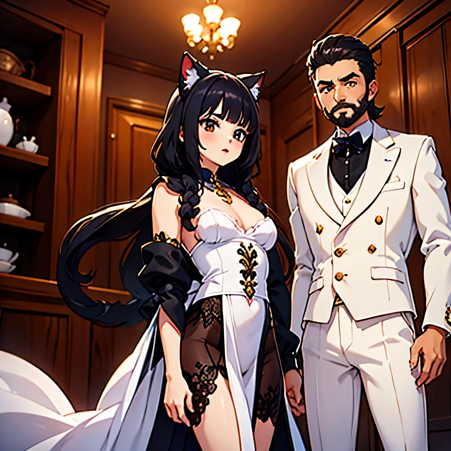 Un hombre alto con el cabello largo peinado elegante y con barba con traje negro sosteniendo la mano de su esposa con orejas de gato y ropa elegante, fuera de una casa.

