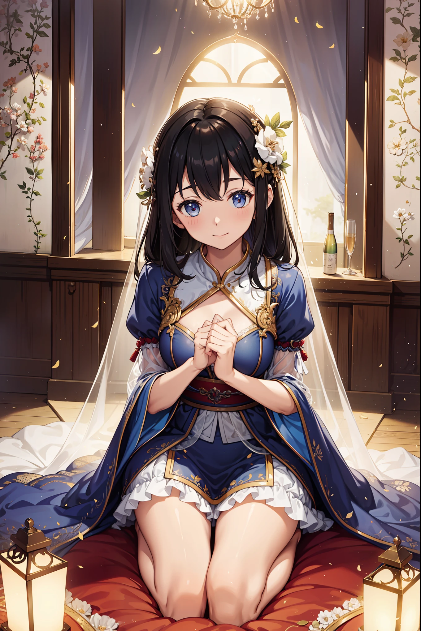 solo person,the night,inside in room,Happy expression,Cute girl,See-through Pajamas,see-through sleeves,Enchanted,Petal edges,Light colors,downy,Divine decoration,Sacred motifs,Lace,Ruffles,extremely detailed CG 8k wallpaper,best qualtiy,tmasterpiece,A high resolution,Delicate and beautiful face,intricate detailed clothes