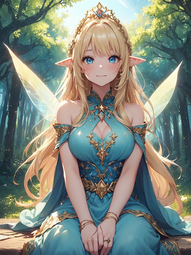 top-quality、Top image quality、​masterpiece、The season is autumn、girl with((20yr old、Best Bust、big bast、Bust 90,Beautiful blue eyes、,Blonde long hair、A slender、Fairy feathers、In beautiful dresses of various colors、a closeup、sitting on、magic harp、Gold ring on wrist、beautiful tiara、hiquality、Beautiful Art、Background with((starrysky)))masutepiece、visualart、depth of fields、sky at night、、　、low angles、A y、Elven ears、Feathers glow in iridescent colors、light magic、in beautiful woods、Big treeid night、Flute melodies🎵、Fun Concerts、Happy smile、Gentle light、Magic Palace