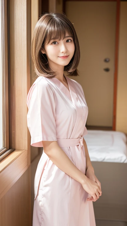 highest quality、8k wallpaper、Reality:1.4、Cinema Lighting、View your viewers、background:An all-white room、1 beautiful girl、Japanese Idol、23 years old、Beautifully detailed eyes、Detailed face、Beautiful Skin、Slender、Slim waist、Thin legs、Fancy hairstyle:1.8、Random hair color、Light Hair、The light is shining on her hair、Asymmetrical bangs、Japanese nurse outfit、Light pink nurse uniform、smile:1.5、Seductive pose