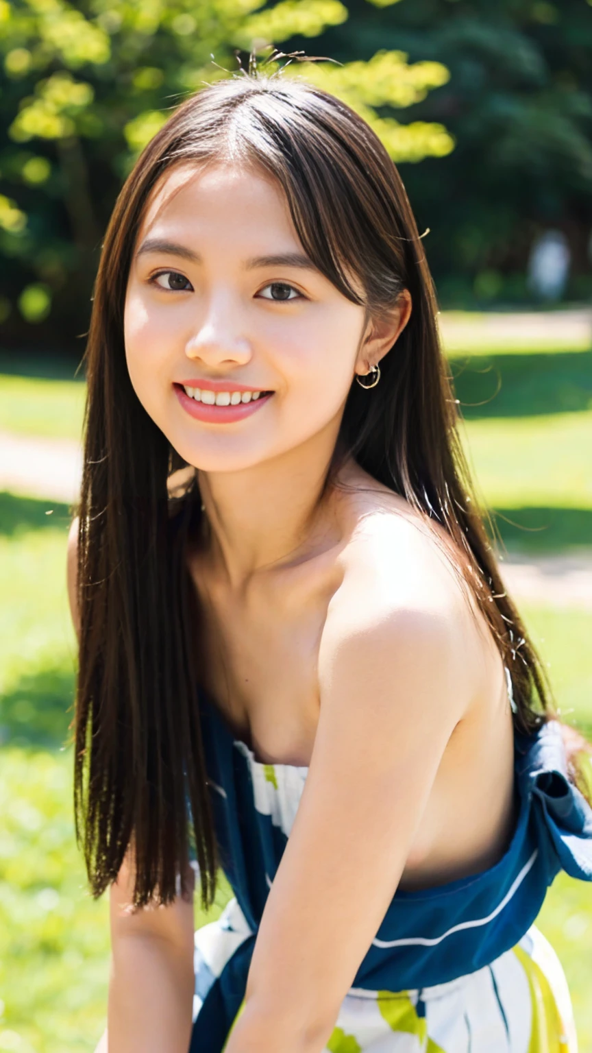 Very beautiful Japanese women、cute:1.5,21 years old、Big eyes、Attractive eyes、university student、topless:2.0,Nipples are visible:2.0,White pleated skirt:1.5、topless:2.0,small,Sunny day in the university gardens、Are standing、Looking into the camera:1.5、Smile 1.3、healthy、White skin、light makeup、whole body、small乳首、