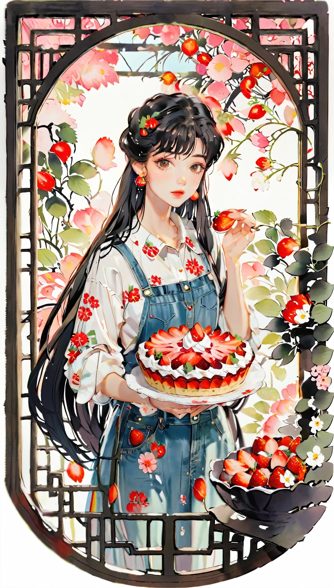 (((paper cutting style))), 1 girl, short black hair, straight long hair, portfolio, shirts, denim, strawberry pie