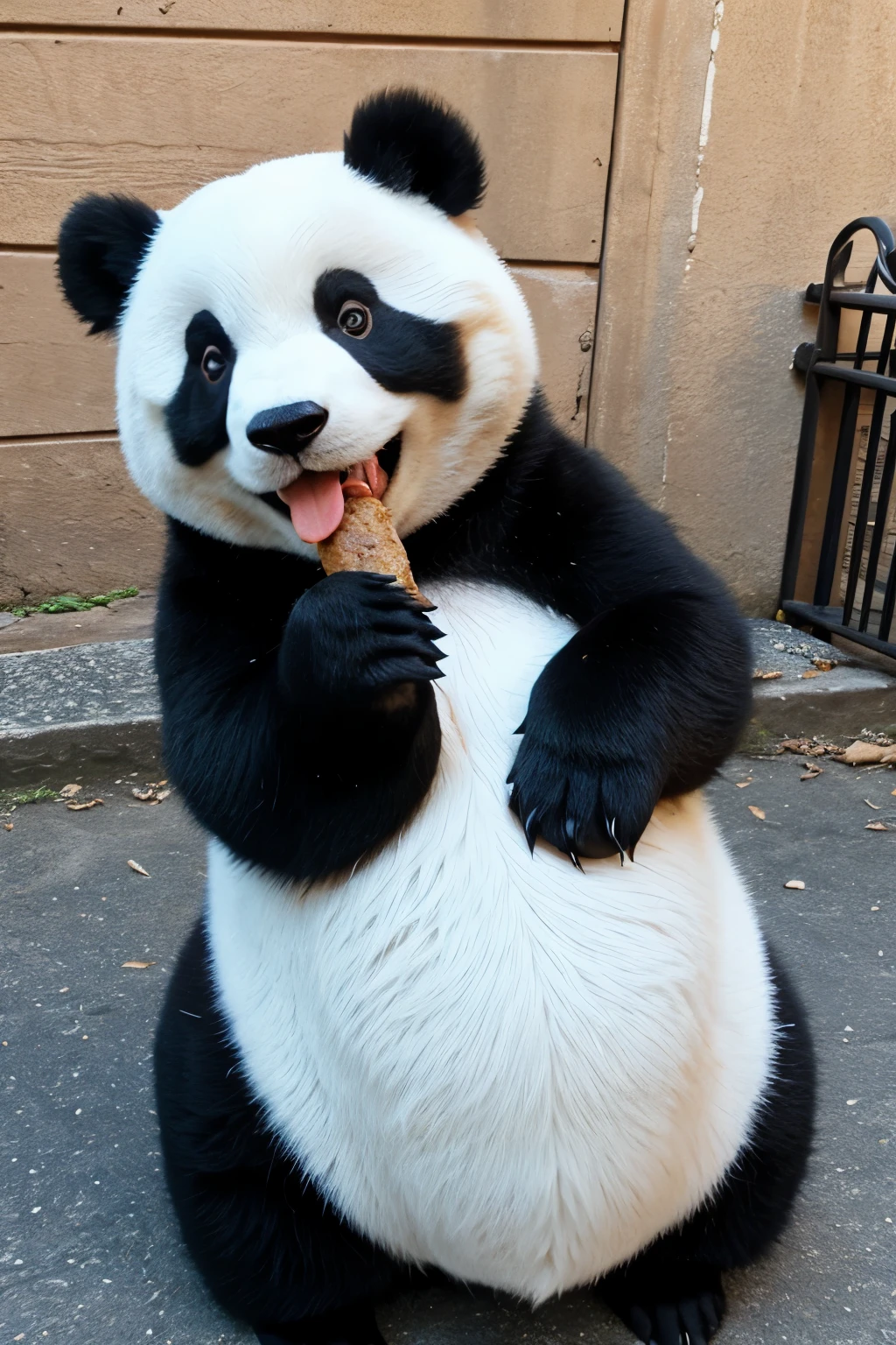 A Cute Fat little Panda eating meatballs 