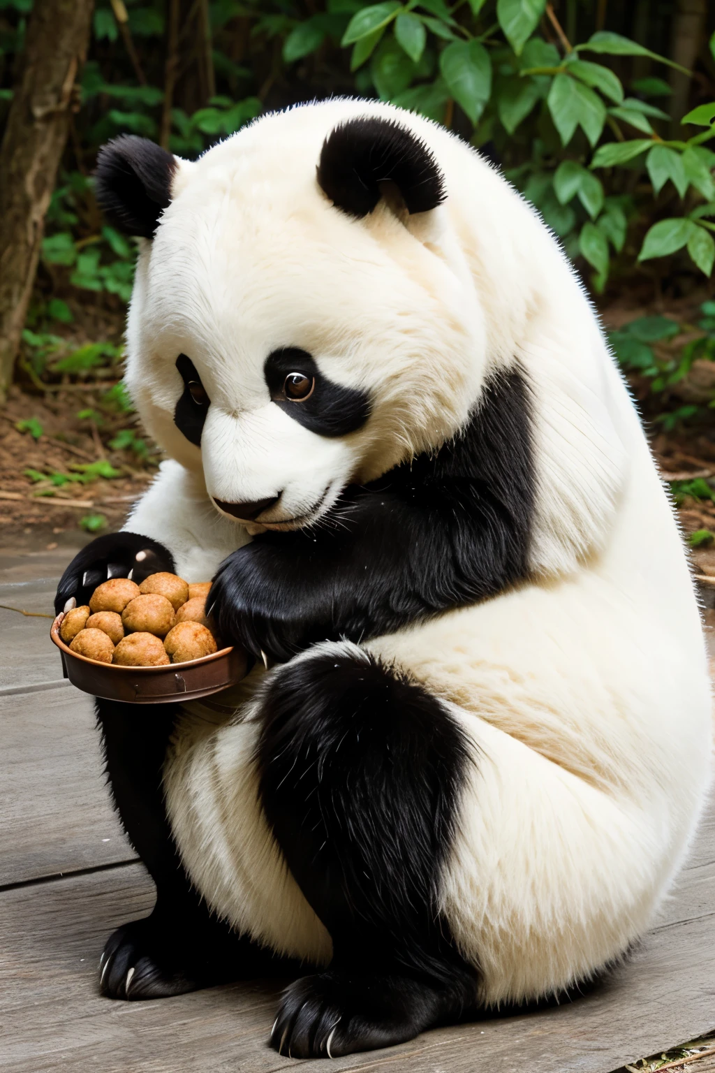 A Cute Fat little Panda eating meatballs