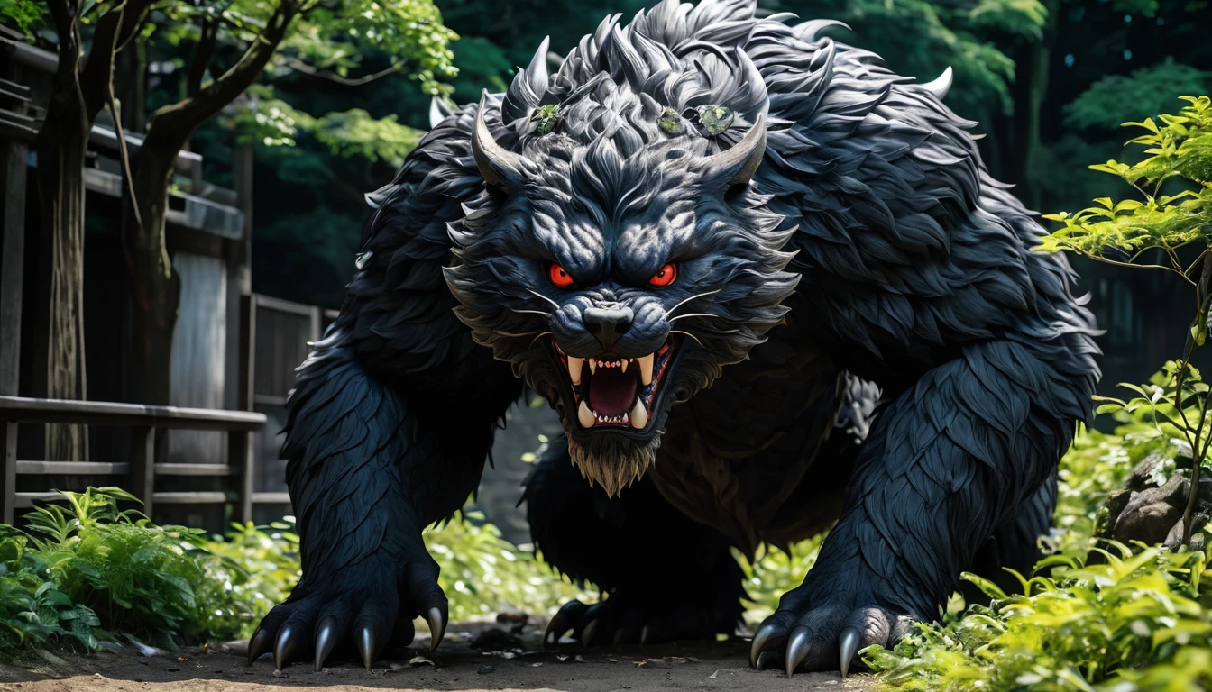 Horror, (Very detailed:1.1), (Very complicated:1.05), Cinematic shots, 8k, Sharp focus, Studio Photo, Intricate details, Very detailed,Mysterious creatures appearing in Tokyo、Shadow Beast。They live mainly in old parks and ruins.。My physical condition is about 2.5 meters available、Weight: about 150 kilograms。Appearances are、Covered with black hairs、Have glowing eyes。food is、Urban garbage and small animals。