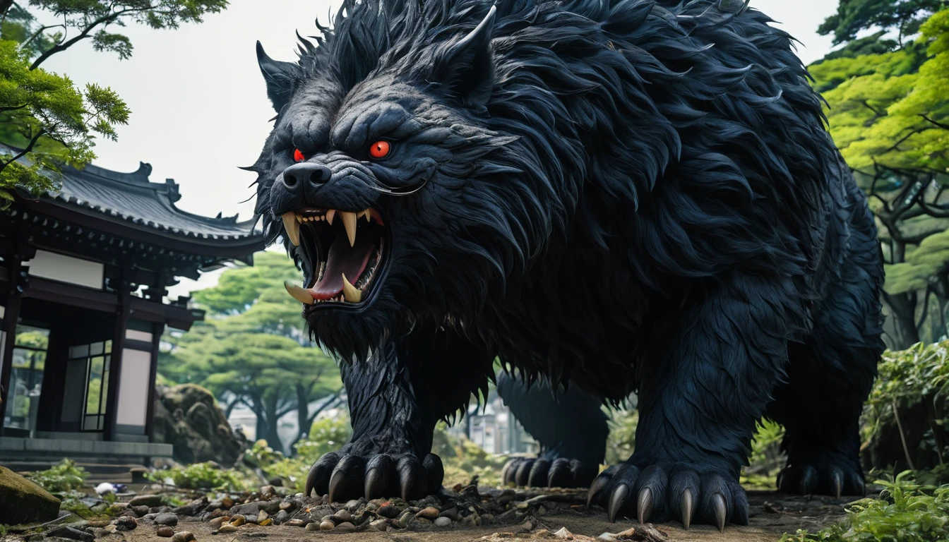 Horror, (Very detailed:1.1), (Very complicated:1.05), Cinematic shots, 8k, Sharp focus, Studio Photo, Intricate details, Very detailed,Mysterious creatures appearing in Tokyo、Shadow Beast。They live mainly in old parks and ruins.。My physical condition is about 2.5 meters available、Weight: about 150 kilograms。Appearances are、Covered with black hairs、Have glowing eyes。food is、Urban garbage and small animals。