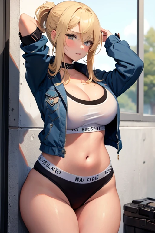 Hermosa chica rubia muy sexy con tetas muy pero que muy grandes, enormes. De cara a la pared y solo con una camisa blanca abierta y con un tanga tiro de vaquero. Vista trasera