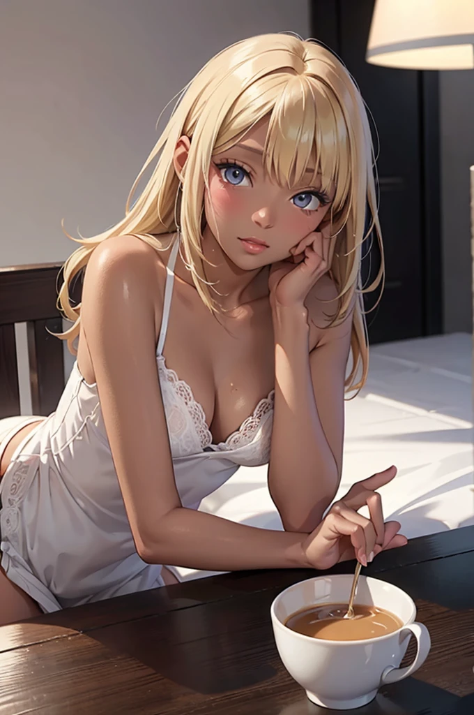 masterpiece、Soft Focus , Bright gradient watercolor、Tabletop, High resolution, 8k, Anime Women, Delicate and detailed writing 、Detailed digital illustration、high resolution, high quality、Detailed Background、Close-up photo、Detailed female face、
anime, alone, One girl, Mature Woman, Marie Rose, Small breasts:0.7, Dark Skin, Woman with dark skin, Make, eye shadow, fix, Sunburned skin, Shiny skin,, Skin of color, Jet Black Skin 、Blonde、
BREAK Light Blush, Cup, bar, Dim lighting, Drunk