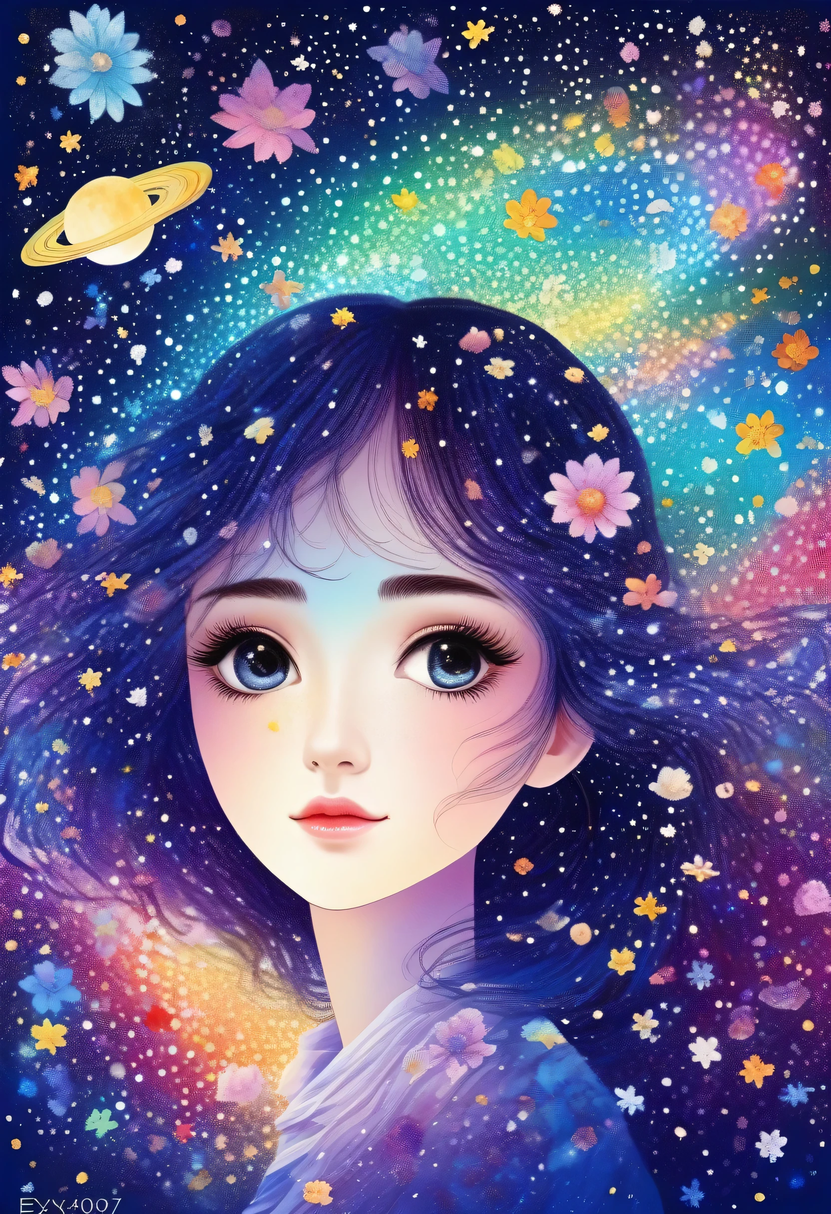 Exix is Ardelia、(Beautiful face girl:1.2)、Petals are flying、Tabletop, highest quality, Rainbow starry sky background, in pointillist art style、Tabletop、highest quality、