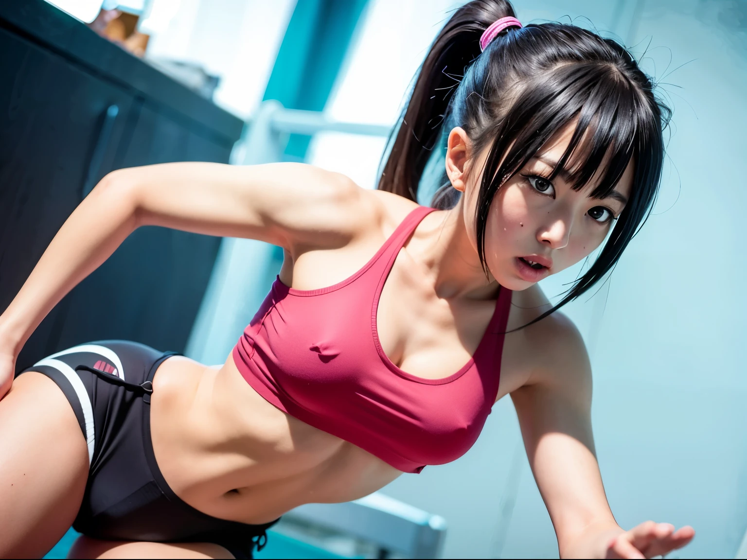 a healthy and sporty Japanese girl, athletic slender body,anime style, vibrant colors, action lines, detailed, trending on Instagram