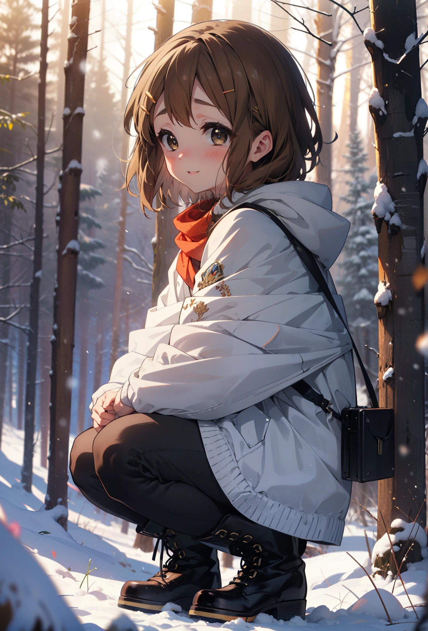yuihirasawa, Yui Hirasawa, short hair, Brown Hair, hair ornaments, (Brown eyes:1.5), Hair Clip、smile,smile,blush,White Breath,
Open your mouth,snow,Ground bonfire,, Outdoor, boots, snowing, From the side, wood, suitcase, Cape, Blurred, , forest, White handbag, nature,  Squat, Mouth closed, Cape, winter, Written boundary depth, Black shoes, red Cape break looking at viewer, Upper Body, whole body, break Outdoor, forest, nature, break (masterpiece:1.2), highest quality, High resolution, unity 8k wallpaper, (shape:0.8), (Beautiful and beautiful eyes:1.6), Highly detailed face, Perfect lighting, Highly detailed CG, (Perfect hands, Perfect Anatomy),