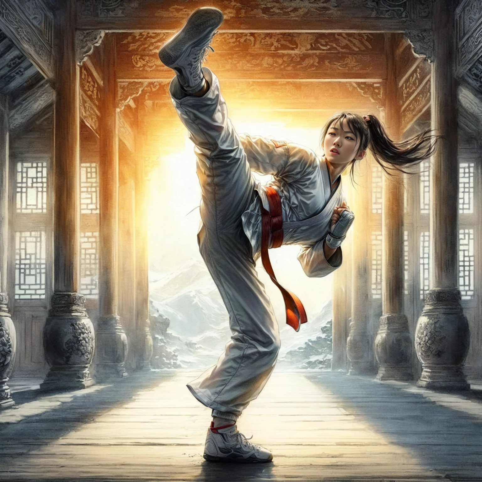 Martial artist in white outfit doing a kick in a temple, inspiriert von Liao Chi-chun, Kampfsport, kung-fu, Dann Martin, inspiriert von Zhao Mengfu, inspiriert von Ma Quan, kung fu, Karate, inspiriert von Wu Li, Kampfhaltung, Dann Martin artwork portrait, Karate kick, inspiriert von Li Kan, doing Kampfsport