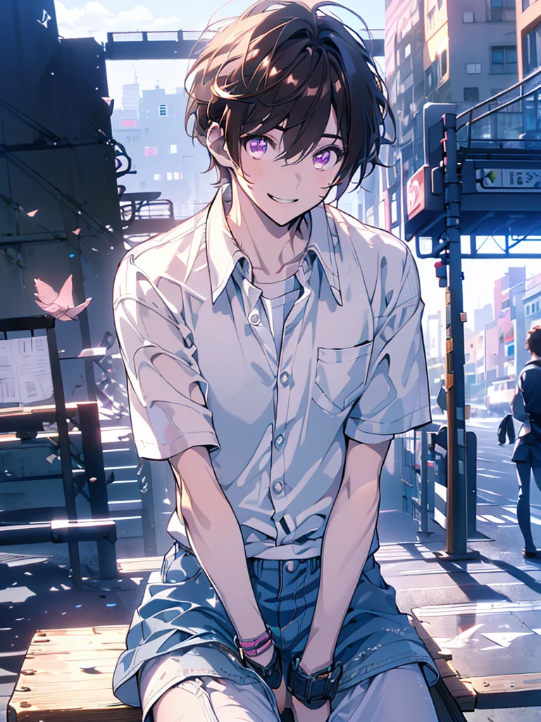 ((masterpiece)), (((HDR))), ((best quality)), (ultra high quality), (hi-res), ((1 anime boy)), cute man, (((pink eyes))), beautiful eyes, detailed eyes, ((adult)), (((dark brown hair))), ((super short hair)), perfect body, perfect anatomy, long legs, (thin waist), (((thigh gap))), ((happy expression)), (smile), crooked tooth, sharp tooth, cute, facing camera, (sitting), sitting down, ((looking up at camera)), hips twist, (((short sleeves))), collared shirt, shirt collar, fashionable, protagonist, (short-sleeved), ((dynamic)), in the city, outside, buildings, sidewalk, stairs, daytime, additional lighting, sunlight on face, noon, bright sun, city scenery, crosswalk, birds