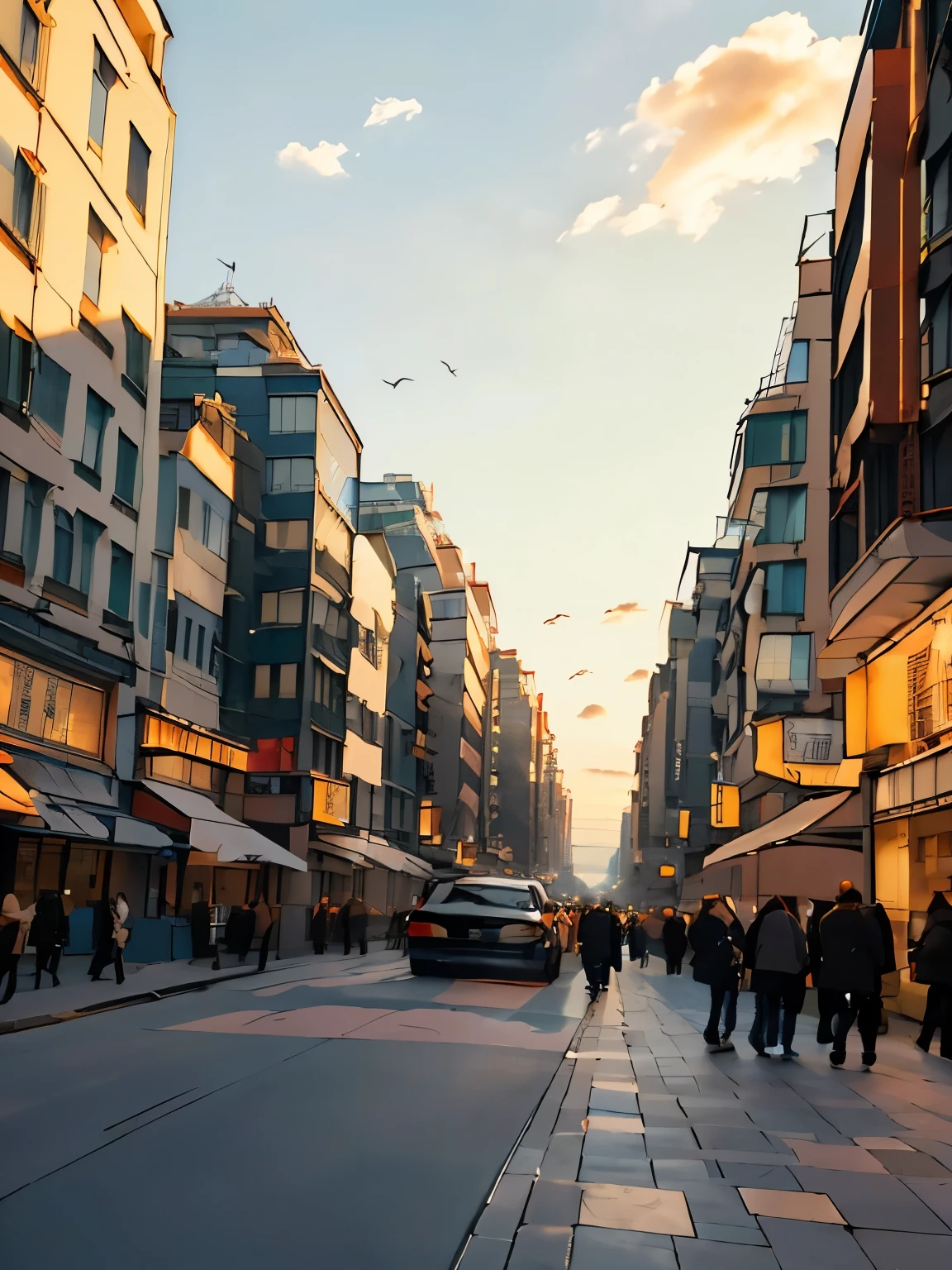 炎热的evening,(evening:1.1),Beautiful clouds in the sky,(Bustling streets:1.2),(City:1.31),Atmosphere of peace and tranquility,(best quality,4k,8K,high resolution,masterpiece:1.2),Very detailed,(actual,photoactual,photo-actual:1.37),Vibrant colors,Soft tones,stunning lighting effects