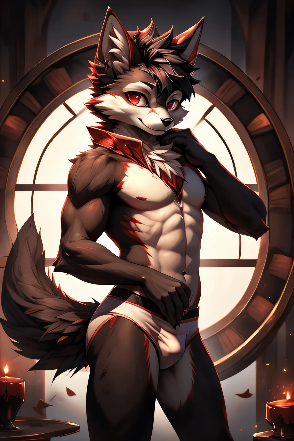  Rystal, Star Fox, Male,Dark emerald hair， (detailed), fluffy, Solo, Meticulous and realistic, delicate eyes, ( The pupil of the Eye of the Blood Wheel), (( Black and red eyes)), Excellent quality, high detail, detailed fur, ((The tail is in the right position) ，He wears a pair of small white briefs， stand，Flirting
