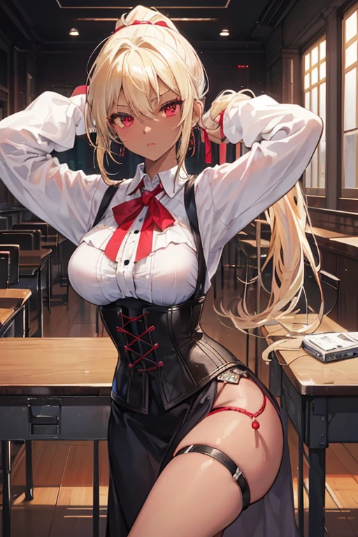 (masterpiece:1.2、highest quality、Tmasterpiece)、1 female、alone、classroom、Day、stand、blonde、ponytail、Red eyes、(radio control:1.4)、(Dark Skin:1.4)、Big Breasts、(Place your hands behind your head:1.2)、corset、Hoop Earrings、lipstick、I'm sweating a lot、Ring Choker、Scrunchie、blush、Covered breasts、Bangs braids、(Thick lips:1.2)