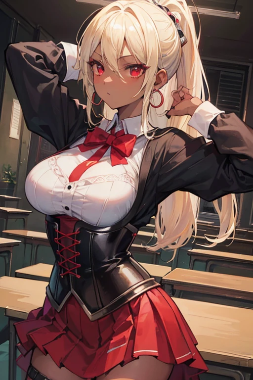 (masterpiece:1.2、highest quality、Tmasterpiece)、1 female、alone、classroom、Day、stand、blonde、ponytail、Red eyes、(radio control:1.4)、(Dark Skin:1.4)、Big Breasts、(Place your hands behind your head:1.2)、corset、Hoop Earrings、lipstick、I'm sweating a lot、Ring Choker、Scrunchie、blush、Covered breasts、Bangs braids、(Thick lips:1.2)