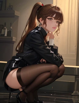 1 female, Black Pantyhose, High heels, Brown high ponytail, Open, Squat, Face Audience, Tabletop, highest quality, 8k, Highly detailed face and skin texture, Fine grain, Wet body, Long Hair, Browsing Caution, No pants, No pants, The tide blows, Urine
