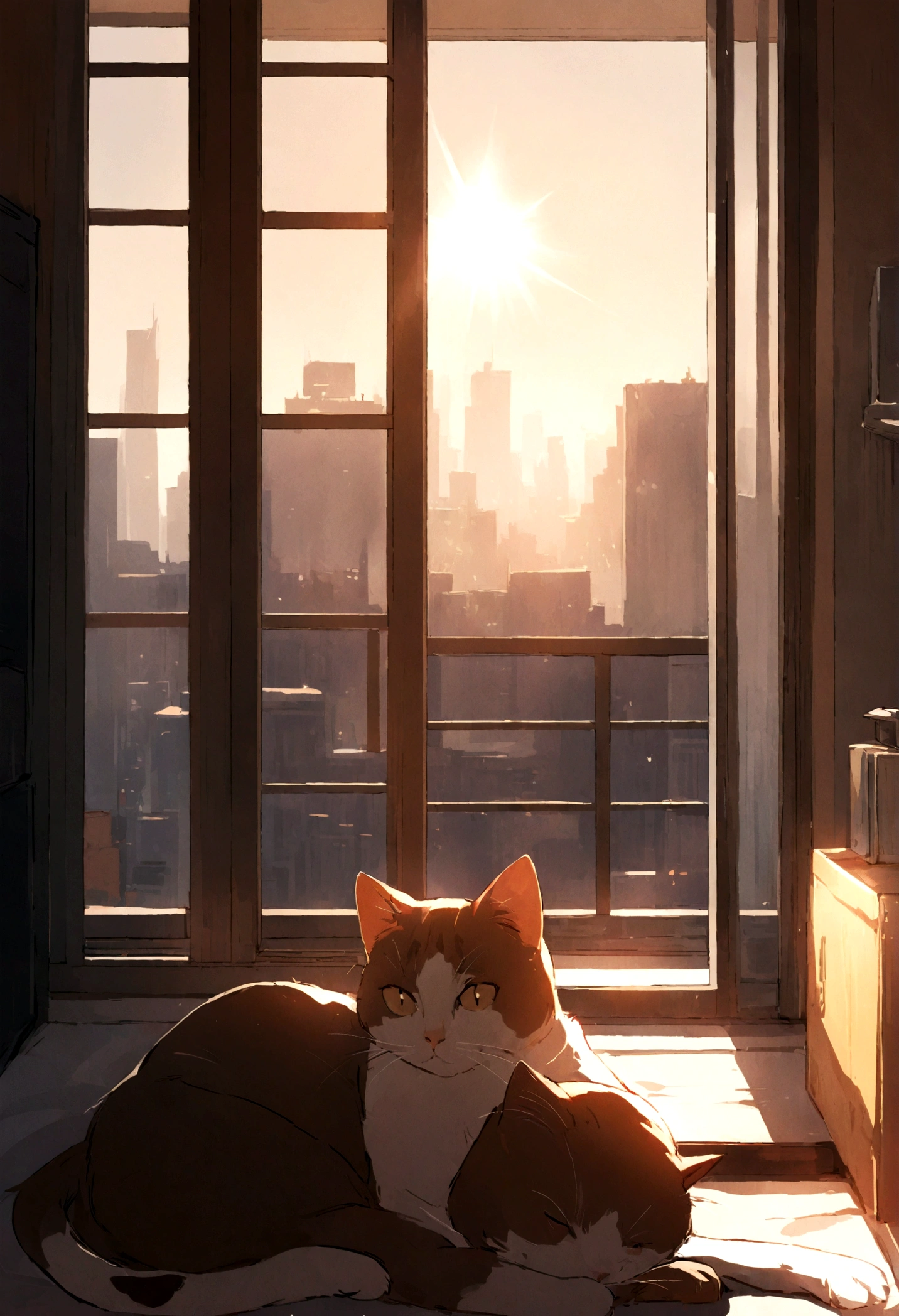 A serene morning, a cat sits by a window basking in sunlight, cityscape visible outside, cozy apartment interior