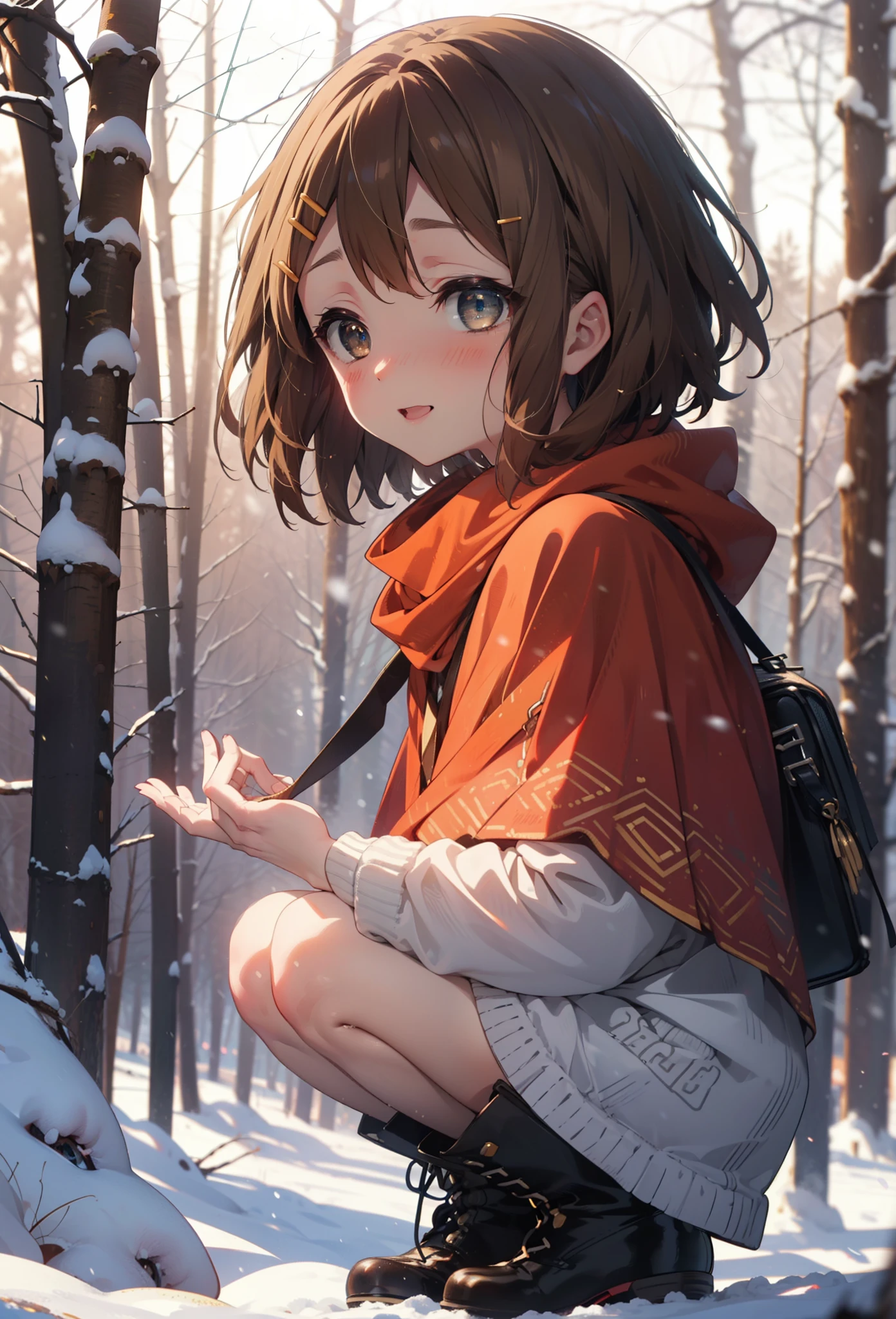 yuihirasawa, Yui Hirasawa, short hair, Brown Hair, hair ornaments, (Brown eyes:1.5), Hair Clip、smile,smile,blush,White Breath,
Open your mouth,snow,A bonfire on the ground,,Outdoor, boots, snowing, From the side, wood, suitcase, Cape, Blurred, , forest, White handbag, nature, Squat, Mouth closed, Cape, winter, Written boundary depth, Black shoes, red Cape break looking at viewer, Upper Body, whole body, break Outdoor, forest, nature, break (masterpiece:1.2), highest quality, High resolution, unity 8k wallpaper, (shape:0.8), (Beautiful and beautiful eyes:1.6), Highly detailed face, Perfect lighting, Highly detailed CG, (Perfect hands, Perfect Anatomy),