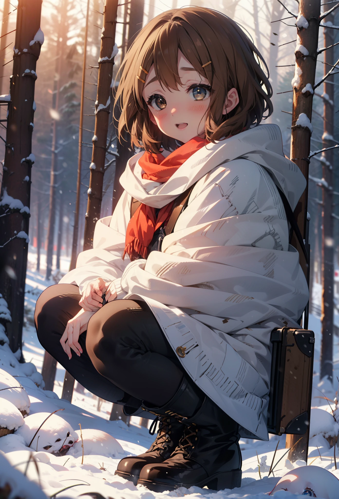 yuihirasawa, Yui Hirasawa, short hair, Brown Hair, hair ornaments, (Brown eyes:1.5), Hair Clip、smile,smile,blush,White Breath,
Open your mouth,snow,A bonfire on the ground,,Outdoor, boots, snowing, From the side, wood, suitcase, Cape, Blurred, , forest, White handbag, nature,  Squat, Mouth closed, Cape, winter, Written boundary depth, Black shoes, red Cape break looking at viewer, Upper Body, whole body, break Outdoor, forest, nature, break (masterpiece:1.2), highest quality, High resolution, unity 8k wallpaper, (shape:0.8), (Beautiful and beautiful eyes:1.6), Highly detailed face, Perfect lighting, Highly detailed CG, (Perfect hands, Perfect Anatomy),