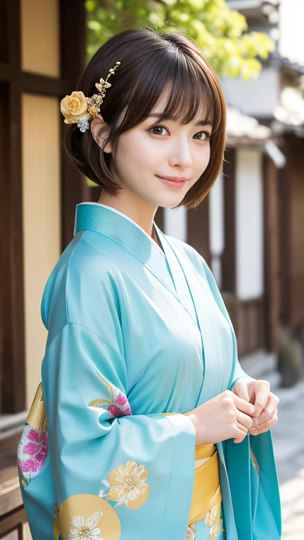 highest quality、8k wallpaper、Reality:1.4、Photographed by a professional photographer、Photographed in natural light、View your viewers、background:Kyoto street corner、1 beautiful girl、Japanese Idol、40 years old、Beautifully detailed eyes、Detailed face、Beautiful Skin、Slender、Slim waist、Thin legs、Lip balm、Blonde: 1.8、The sunlight hits her hair, making it shine golden.、Bobcut、Asymmetrical bangs、Hair decorated with elegant and delicate hairpins、Kimono with vibrant traditional patterns:1.8 、smile:1.5