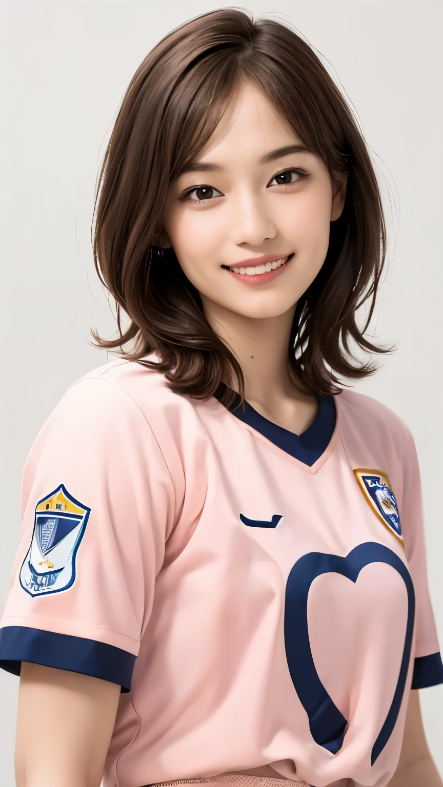 (highest quality、8k、32k、masterpiece)、(Realistic)、(Realistic:1.2)、(High resolution)、Very detailed、Very beautiful face and eyes、1 girl、Round and small face、Tight waist、Delicate body、(close、highest quality、Attention to detail、Rich skin detail)、(highest quality、8k、Oil paints:1.2)、(Realistic、Realistic:1.37)、Bright colors、(((Light Brown Hair)))、(((Upper Body Shot)))、(((Medium Hair)))seems to be happy、(((White wall background)))、(((Happy expression)))、smile、(((Brown Hair)))、(((Soccer uniforms)))、(((桃色のSoccer uniforms)))、(((smile)))、(((Pink uniform)))