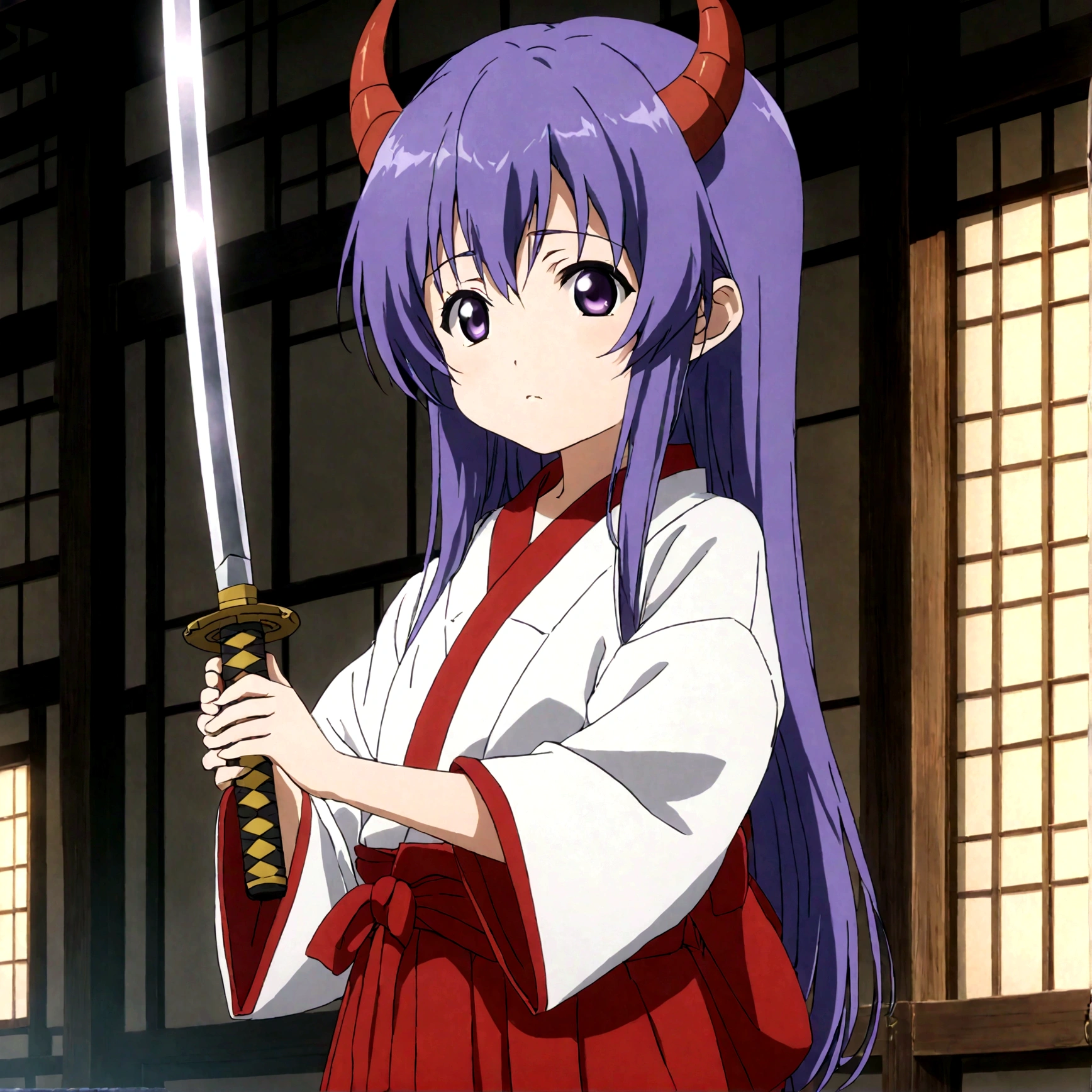 score_9, score_8_up, score_7_up, score_6_up, source_anime,BREAK , 1girl, hanyuu, solo, (tween:1.2), kawaii, ((horns)), medium breasts, purple eyes, purple hair, long hair, simple background, white background, japanese clothes, miko, skirt, hakama, hakama skirt, red detached sleeves, red hakama,Offering a prayer, wearing katana sword,cinematic angle,,anime screencap, anime coloring,,(cinematic lighting,professional lighting),cinematic shadows,backlighting