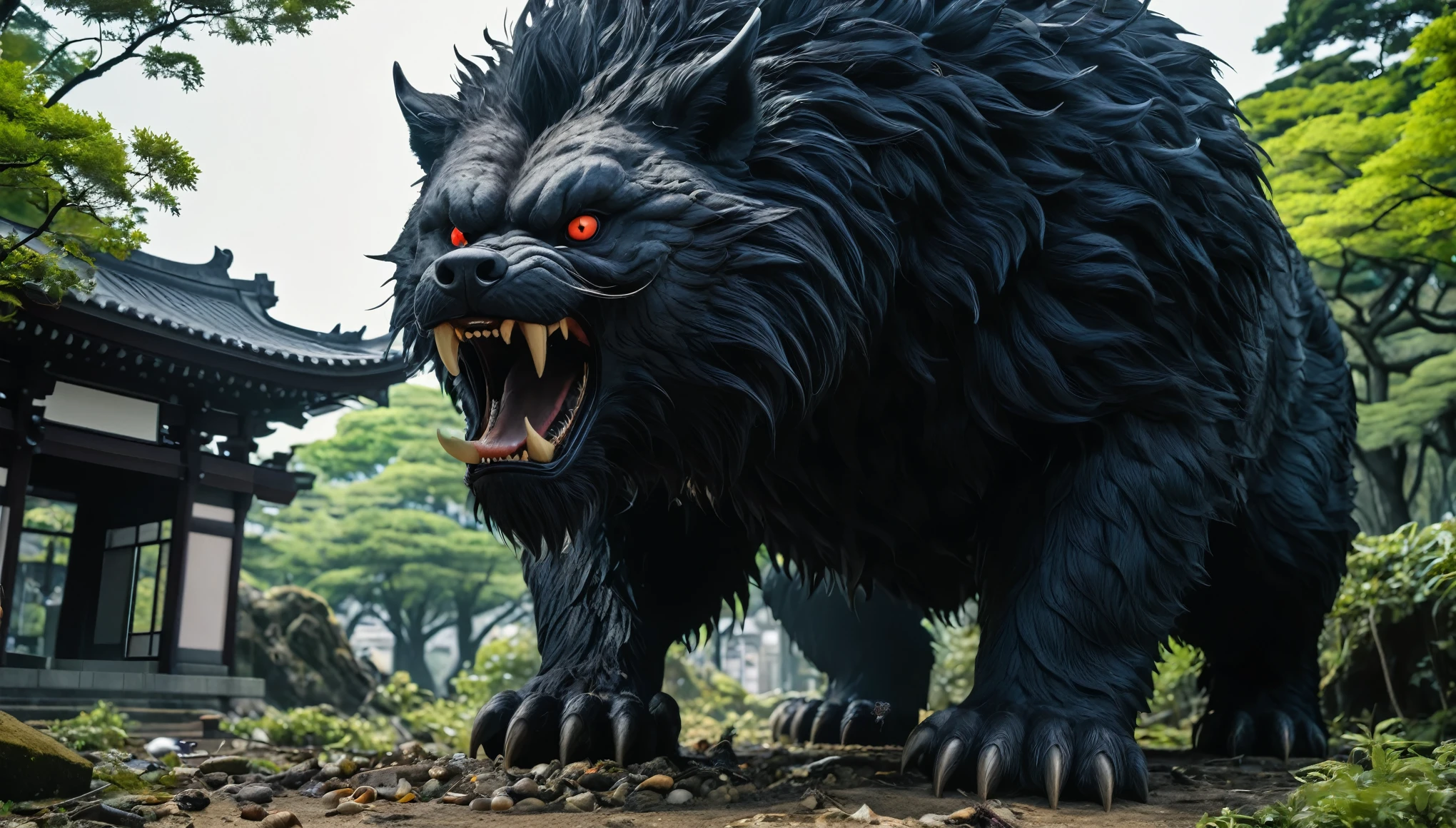  Horror, (Very detailed:1.1), (Very complicated:1.05), Cinematic shots, 8k, Sharp focus, Studio Photo, Intricate details, Very detailed,Mysterious creatures appearing in Tokyo、Shadow Beast。They live mainly in old parks and ruins.。My physical condition is about 2.5 meters available、Weight: about 150 kilograms。Appearances are、Covered with black hairs、Have glowing eyes。food is、Urban garbage and small animals。