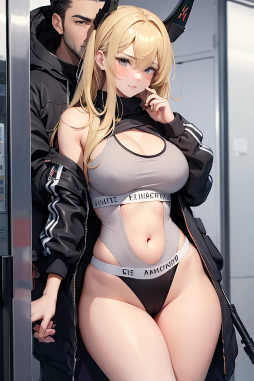 Hermosa chica rubia muy sexy con tetas muy pero que muy grandes, enormes. De cara a la pared y solo con una camisa blanca abierta y con un tanga tiro de vaquero con un chico cogiendole por la cintura