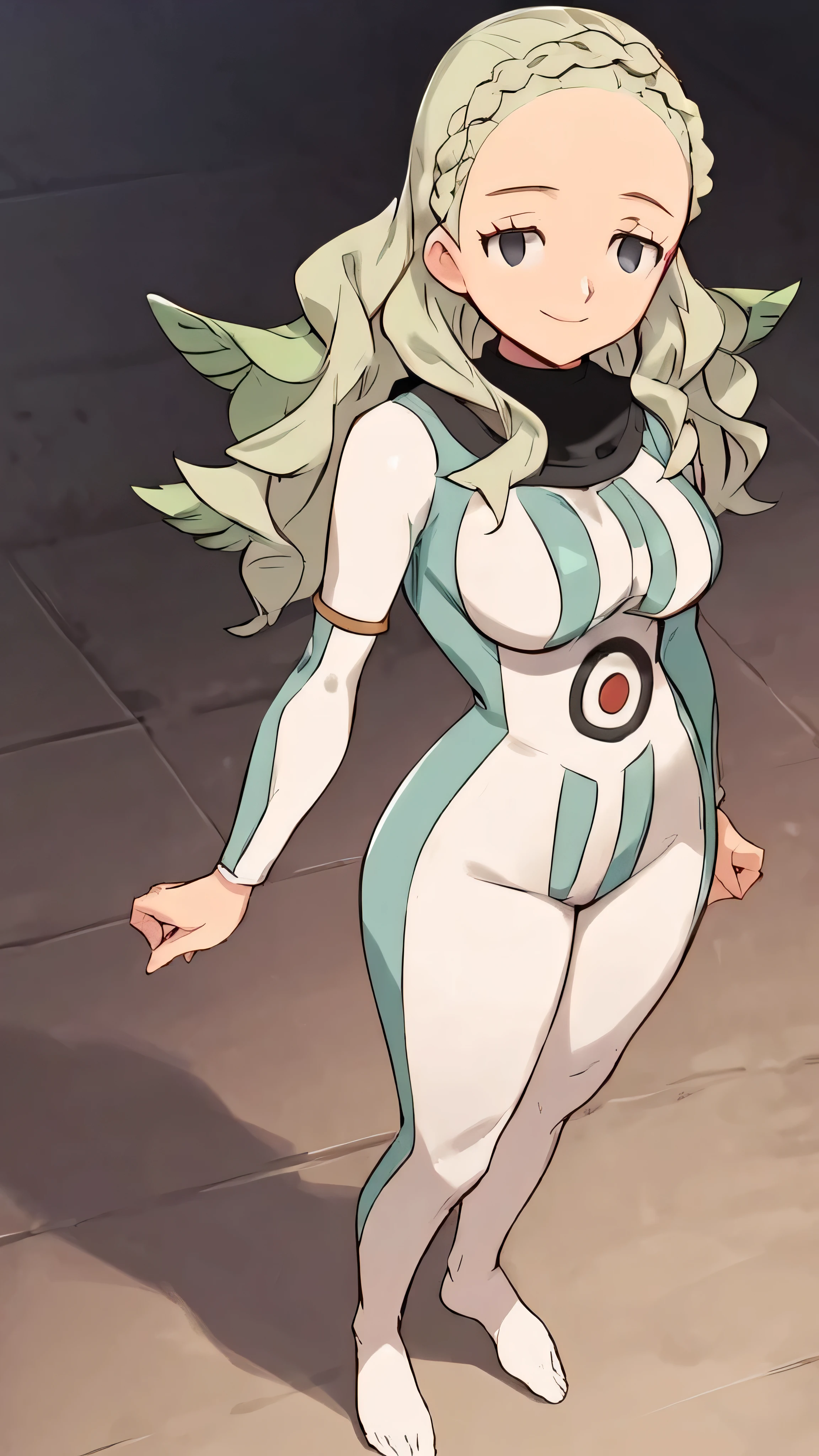 best quality,ultra detailed,looking at viewer,solo,score_9, score_8_up, score_7_up, score_6_up, score_5_up, score_4_up, source_anime, 1girl, guel, grey eyes, braid, empty eyes, green hair, long hair, large breasts,standing,(front view,portrait),full body, face, smile, white bodysuit, no shoes, dark aura, big ass, muscle