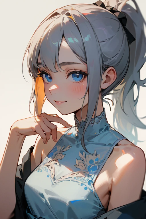 (masterpiece: 1.2, highest quality), (Actual Photos, Intricate details), 1. woman, alone, Upper Body, casual, Shoulder-length hair, Minimal makeup, Natural materials, Face close-up, smile, Home, Gray Hair, blue eyes, Shoulder Bare、ponytail、Swimwear、