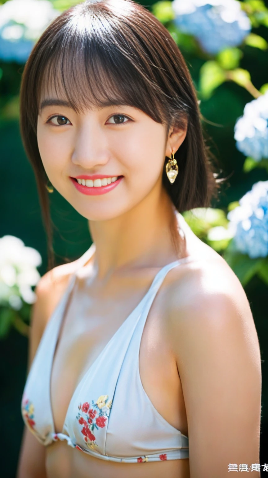 最high quality、high quality、Best image quality、8k、Floral Bikini、最High resolution、High resolution、最high quality、masterpiece、RAW Photos、whole body写真、Detailed and realistic human body、Detailed and realistic skin、Realistic face in every detail、Detailed and realistic eyes、Detailed and realistic lips、Detailed and realistic teeth、Detailed and realistic ears、Detailed and realistic hair、Realistic reproduction of every detail、Realistic fingers in every detail、(Beautiful Hands、thumb1reference4)、Realistic feet down to the last detail、((Beautiful Japanese Women))、(Japanese Model)、((21 year old beautiful woman))、(Black Hair)、(Straight hair)、((whole body))、(Slim and perfect figure)、(whole body光沢肌、Fair skin)、Detailed and realistic human body、Detailed and realistic skin、Realistic face in every detail、Realistic fingers in every detail、Detailed realistic feet、Soft natural light、Japanese garden、A 360-degree view of the hydrangea fields、((Standing in the middle of a hydrangea field(A woman surrounded by hydrangeas))、Poses to make your thighs look beautiful,whole bodyポーズ、Small Ass、Focus on the chest、Soft Breasts、smile、