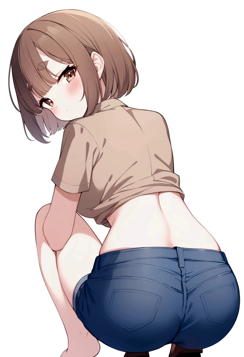 a girl has her shirt lifted and her underwear is exposed, 1girl, solo, panties, underwear, black panties, pants, brown shirt, brown hair, brown eyes, ass, bob cut, looking back, shirt, short sleeves, looking at viewer, blue pants, from behind, jeans, simple background, denim, squatting, thick eyebrows, bangs, blush