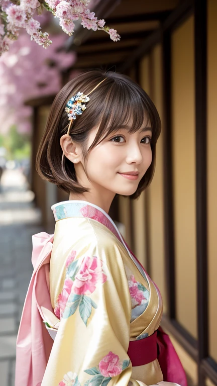 highest quality、8k wallpaper、Reality:1.4、Photographed by a professional photographer、Photographed in natural light、View your viewers、background:Kyoto street corner、1 beautiful girl、Japanese Idol、40 years old、Beautifully detailed eyes、Detailed face、Beautiful Skin、Slender、Slim waist、Thin legs、Lip balm、Blonde: 1.8、The sunlight hits her hair, making it shine golden.、Bobcut、Asymmetrical bangs、Hair decorated with elegant and delicate hairpins、Kimono with vibrant traditional patterns:1.8 、smile:1.5
