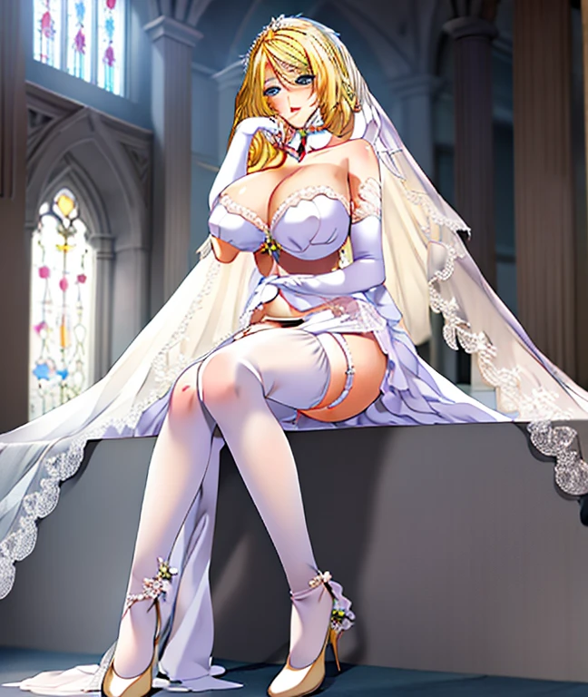Blonde Hair, (blue eyes:0.8),
(masterpiece:1.2), highest quality, Game CG,very_Familiar,very_Familiar_CG_Unity_8k_wallpaper,shape,High resolution,Confused,throw, Window Shades, Particles of light,
(1 girl), (Portraiture), Mature Woman,Mature Woman, church, stage, (bride:1.3), (Princess:1.2),
Beautiful fingers,Beautiful long legs,Beautiful body,Beautiful Nose,Beautiful character design, Perfect Eyes, Perfect Face,
Earrings, lipstick, bridal Veil, dress, elbow gloves, gloves, indoor, Compensate, petal, Knee socks, Veil, (wedding dress:1.4), white dress, white gloves, white Knee socks, White garter belt, Hair Flowers, uchikake, High heels, White shoes, (See-through legwear:1.3),
Looking at the audience, chest, (gigantic chest:1.2), (smile:0.7), Sitting, (Lift your legs:1.3), Toe Point, Standing on tiptoes, 自分のchestに手を当てて, Hair straightening, chest, very long hair, hanging shoes, Reach out, chestの谷間,