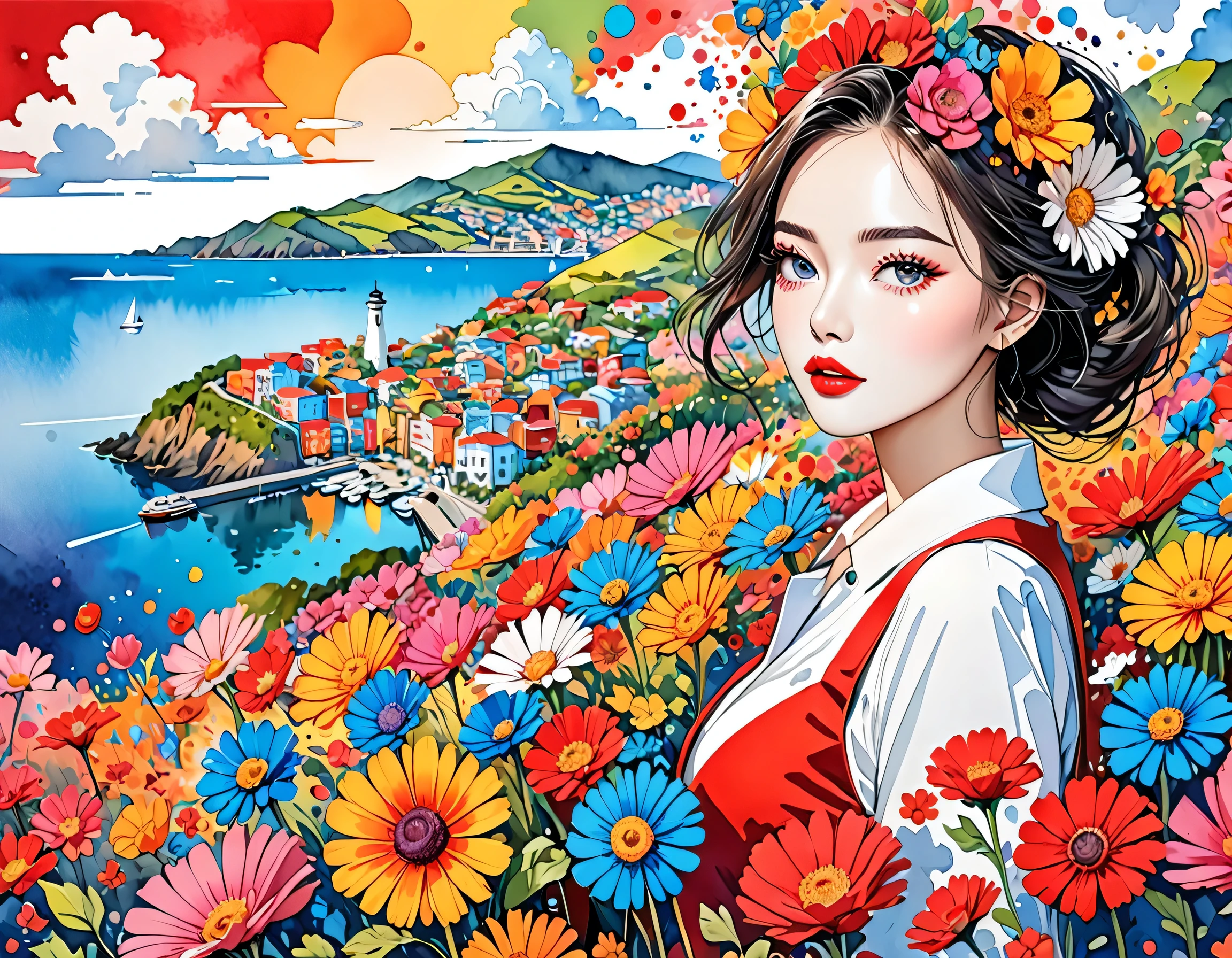 Black Star Red and White Style、(((stylish fashion))), 8K Quality、Intense watercolor, Detailed watercolor art, Watercolor splash, Surreal, avant-garde pop art, Beautiful and expressive paintings, Beautiful artwork illustration, Very colorful tones, wonderful, Cool beauty, highest quality、Official Art, Vector art, Stylish design, (((The most beautiful girl))), Lips in Love, (((highest quality))), HDR, ((detailed)), (((Doodle Art)), ((masterpiece)), ((Super detailed)), (((Colorful flowers))),(((Stylish))), Harbor View Hill