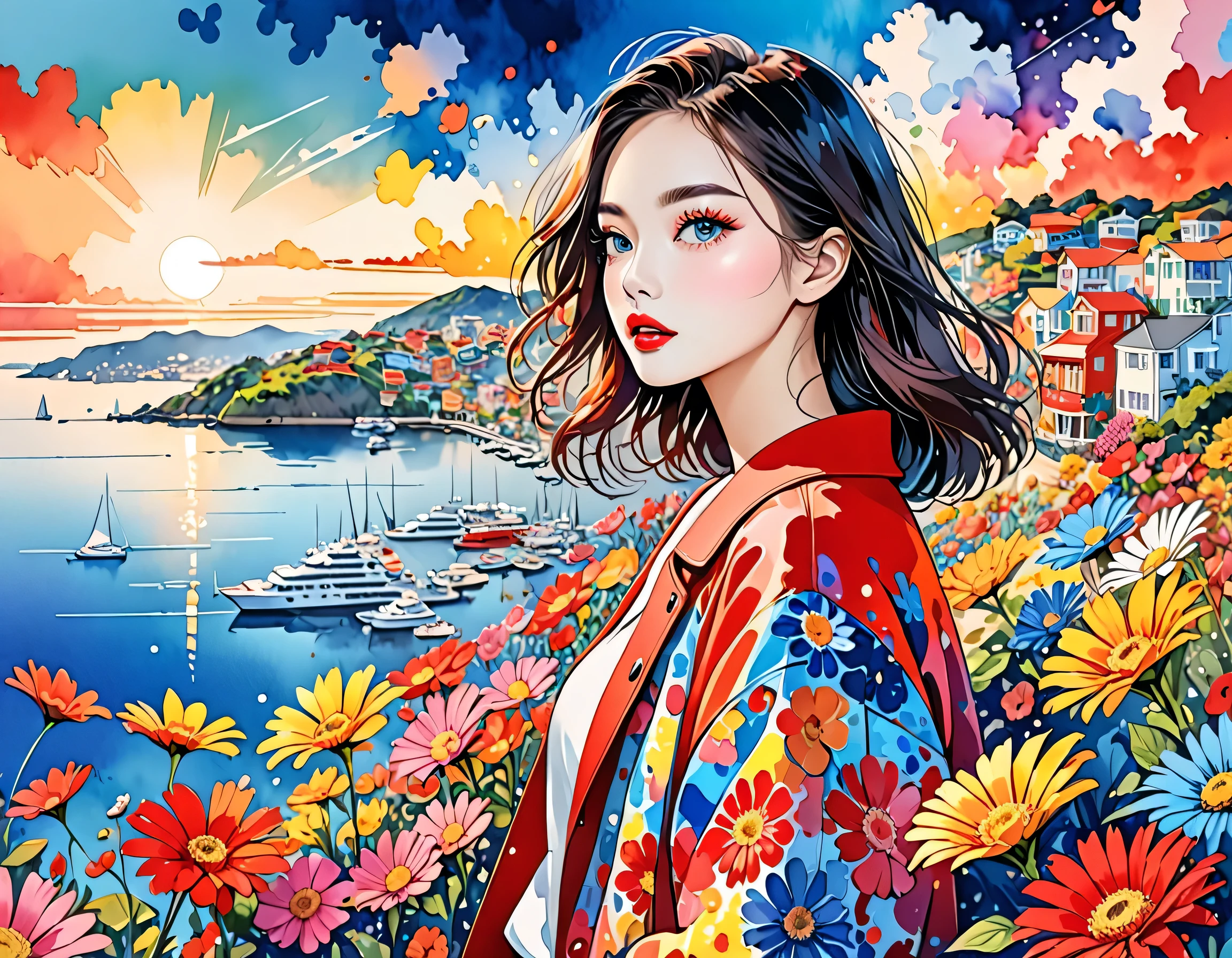 Black Star Red and White Style、(((stylish fashion))), 8K Quality、Intense watercolor, Detailed watercolor art, Watercolor splash, Surreal, avant-garde pop art, Beautiful and expressive paintings, Beautiful artwork illustration, Very colorful tones, wonderful, Cool beauty, highest quality、Official Art, Vector art, Stylish design, (((The most beautiful girl))), Lips in Love, (((highest quality))), HDR, ((detailed)), (((Doodle Art)), ((masterpiece)), ((Super detailed)), (((Colorful flowers))),(((Stylish))), Harbor View Hill
