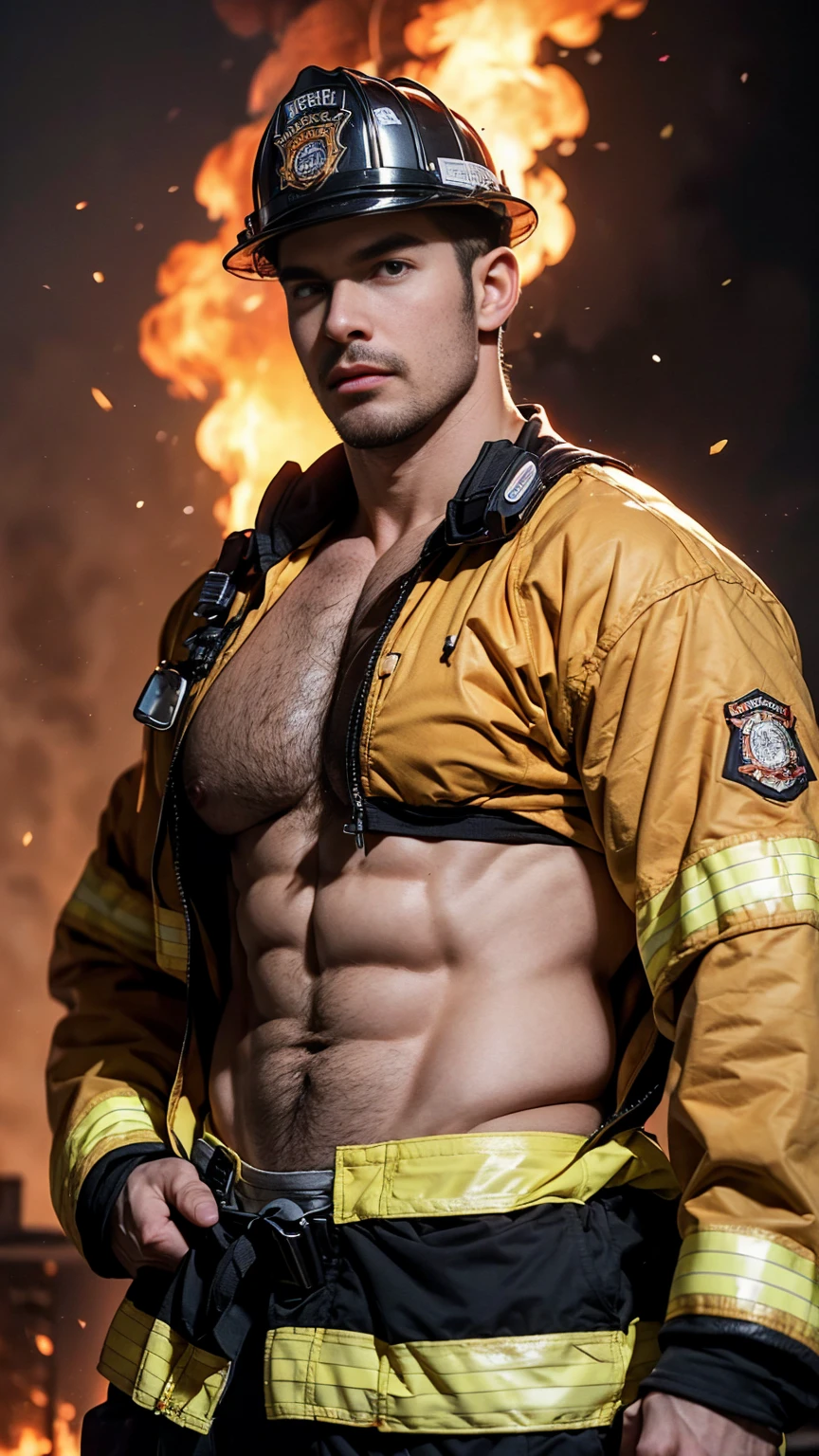 arafed man in a firefighter uniform posing for a picture,Fire safety helmet！ firefighter, fireman, fire behind him, firey, fire reak real life, with fire, fire theme, on fire, muscular male hero, strong and imposing, dylan cole, sexy masculine, 6 pack, , lots of fire, by derek zabrocki, six pack！Thick moustache！tall！（Chest hair：1.8） ！ High detail 8K)! ((Realistically)), ! 186 cm! 70 kilograms! Popular clips! ( High-detail 8k ((realistically)), Exposed chest muscle and chest hair!, best quality, bright lighting, focus, theater! 35 years old, hairy breasts, thick hair Adam Dario Kier screenshot, Reddit, photo realism, gray hair！real photos！Thick moustache!(Chest hair：1.5）Real photos!