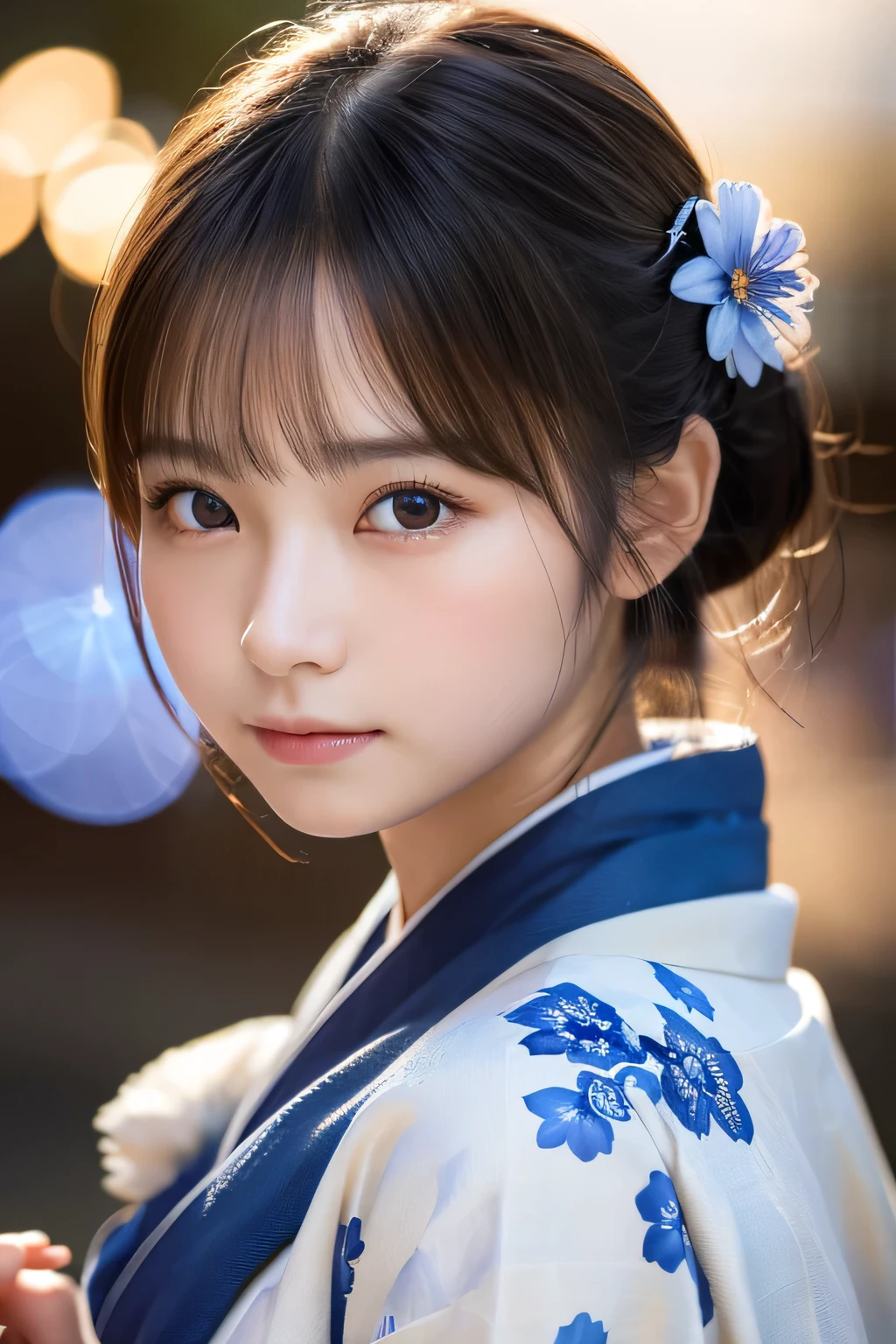 highest quality, Face Focus, Soft Light, Ultra-high resolution, (Realistic:1.4), RAW Photos,
1 Japanese girl, alone, cute, (pupil, Light in your eyes), Beautiful face in every detail, (Small box),(High resolution detail of human skin texture),Blue kimono、Fireworks