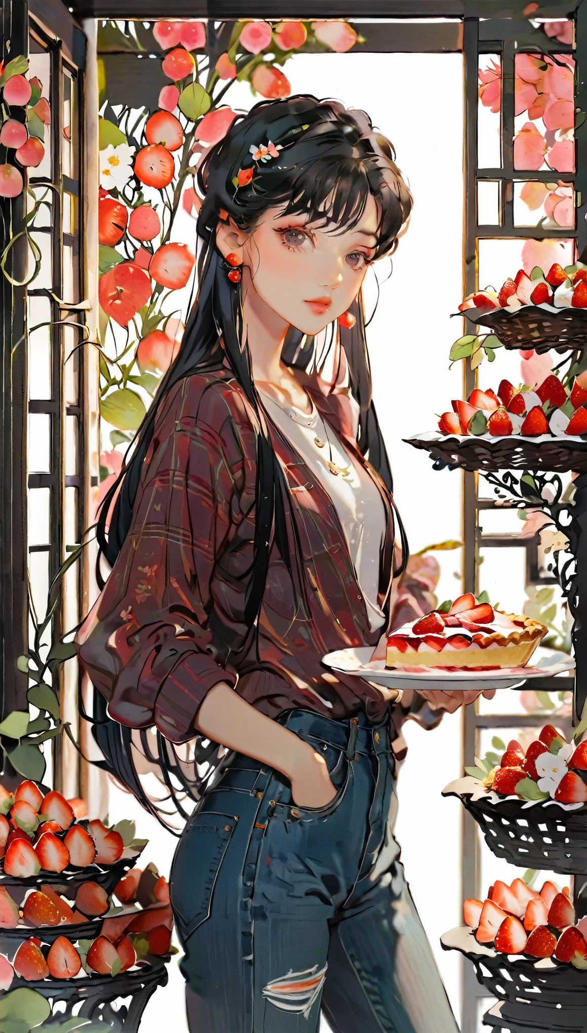 (((paper cutting style))), 1 girl, short black hair, straight long hair, portfolio, shirts, denim, strawberry pie