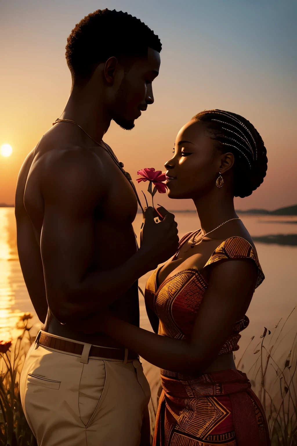 African couple, a man tenderly offers a flower to his woman. The woman, grinning delightfully, cradles the bloom on her hand, the petals contrasting softly with her dark skin. The scene is set in the warm golden hues of a sunset, capturing the tranquil and romantic moment in ultra-high definition, 8K. A masterpiece of realism, the photograph evokes a sense of peace and fondness between the two.